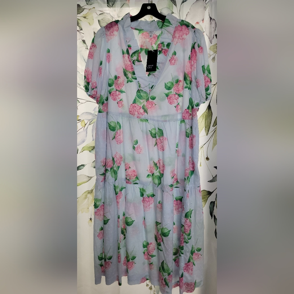 crown & ivy Light Blue Maxi Dress with Pink Floral Print